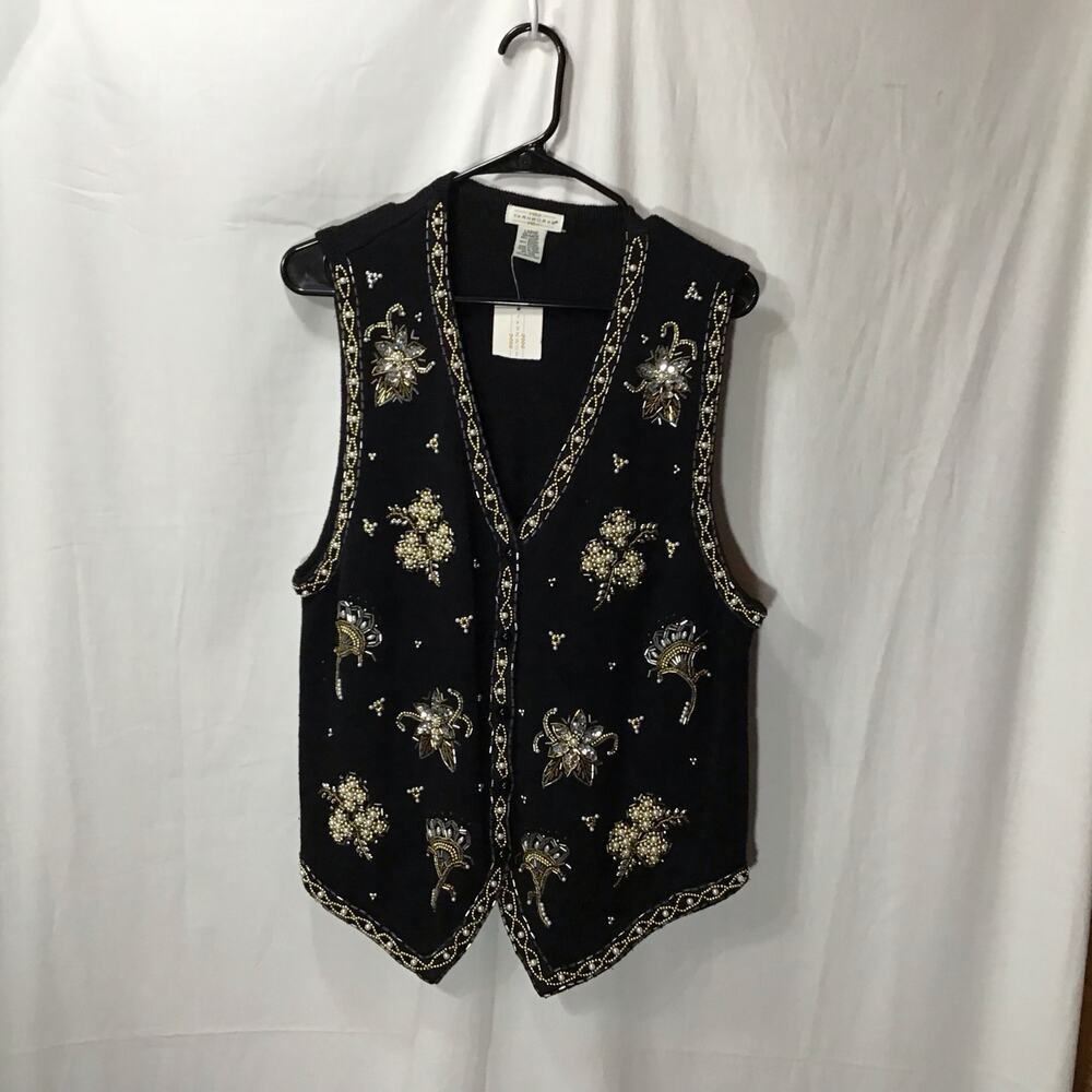 Dead-stock NWT Yarnworks Cotton Blend Beaded Black Vest Large  Boho Feminine